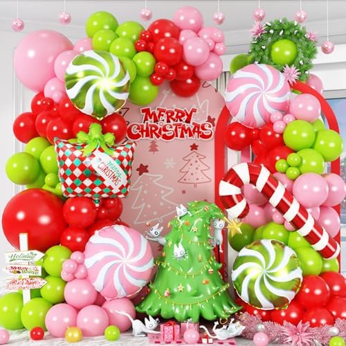Christmas Balloon Garland Arch Kit, 105Pcs Red Green Pink Latex Balloons with Candy Cane Lollipop Mylar Foil Balloons for Girls Women Xmas Holiday Birthday Christmas New Year Party Decorations by Paeyeq