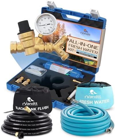 RV Fresh Water Kit w/Drinking & Santation Hose - RV Water Pressure Regulator, Filter, Hose Connectors, Leak Repair Kit, Carrying Case, 35' Drinking Water & Sanitation Hose by rVandtt