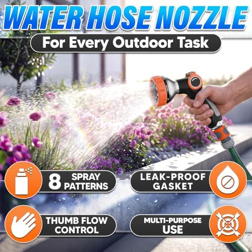 Metal Hose Sprayer Nozzle, 8 Spray Patterns, Flow Control, Black & Orange - Image 4