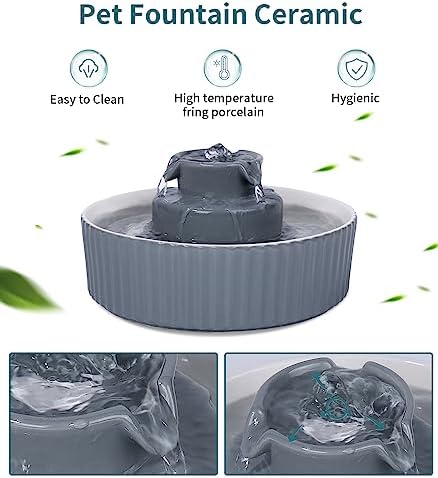 Ceramic Cat Water Fountain, Ceramic Pet Fountain, 2.1 L Drinking Fountains Bowl for Cats and Dogs with Replacement Filters and Foam(Grey) - Image 2
