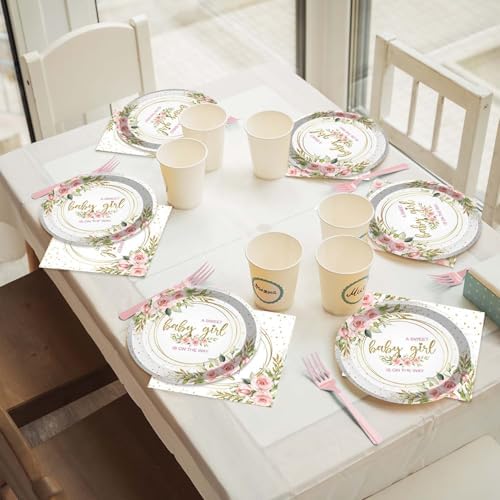 96 Pcs Sweet Baby Girl Party Tableware Set It's a Girl Baby Shower Disposable Paper Plates and Napkins Watercolor Pink Floral Girl Baby Shower Party Supplies for 24 Guests - Image 5