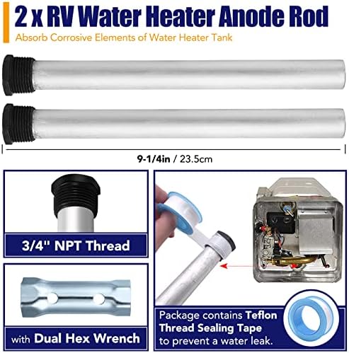 RV Water Heater Anode Rod & Flush Wand & Element Socket - 9.25"L x 3/4"NPT Thread Magnesium Rod for Suburban, Mor-Flo, Camper Hot Water Tank Cleaning Rinser with Dual Hex Wrench Removal Tool - Image 2