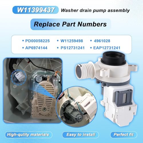 W11399437 Washer Drain Pump Assembly Compatible with Whirlpool Maytag Kenmore Crosley Washing Machine, Replacement PartPD00058225 W11259498 4961028 AP6974144 PS12731241 EAP12731241 - Image 3