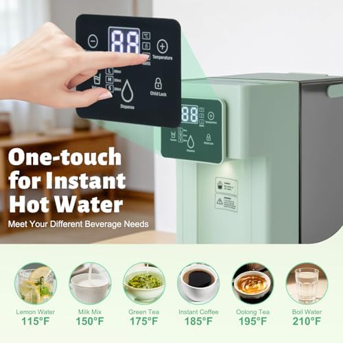 1500W Instant Hot Water Dispenser, 3L/0.79gal Instant Hot Water Dispenser Filter, Desktop Electric Water Dispenser w/Smart Touch Screen&Child Lock for Office, Bedroom, Kitchen, ALW-HT18, Green - Image 3