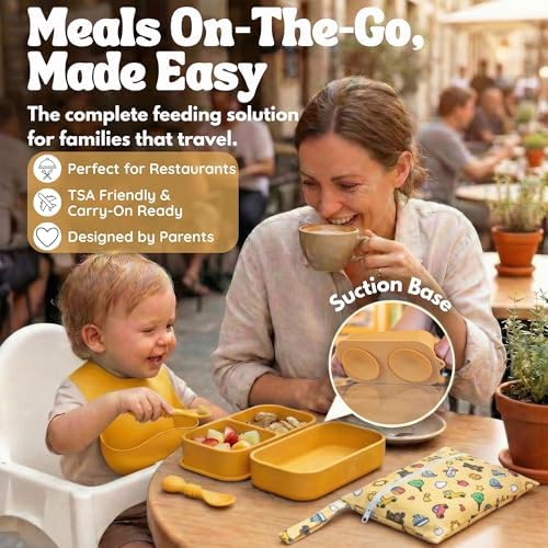 Baby Travel Feeding Set with Silicone Suction Plates, Yellow Small - Image 2