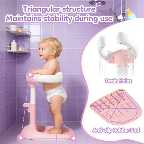 Upgraded Baby Shower Stand with Anti-Pinch Silicone & Anti-Slip Base, Adjustable Height Soporte para Bañera de Bebé, Baby Bath Standing Support Assist Holder for 6-36 Months Toddler, Ideal Gift, Pink - Image 5