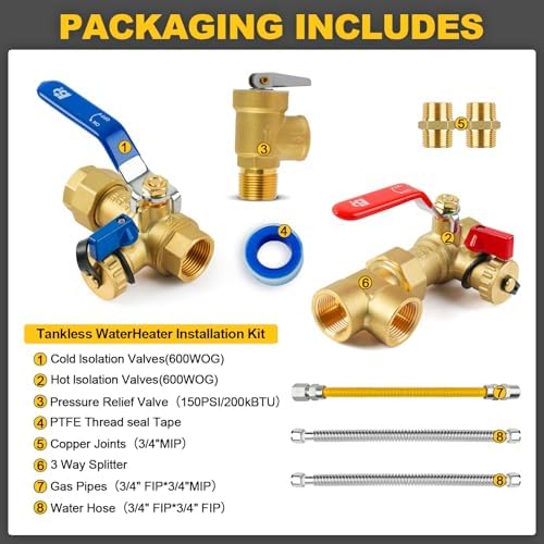 3/4 Inch Tankless Water Heater Valve Kit with Pressure Relief Valve and Gas Connectors,Clean Brass & NPT Thread - Image 2