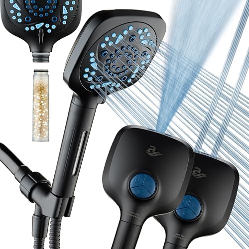 AquaCare High Pressure 10 Spray Mode Filtered Showerhead - Handheld Shower Head Filters Chlorine to Heal Dry Skin, Revive Hair - Dual Power Wash Cleans Tub, Tile, Pets - Hard Water Softener, Black by HotelSpa
