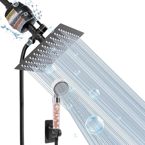 Filter Shower Head, High Pressure 8 Inch Rainfull with Filter Combo for Hard Water, Remove Chlorine Fluoride and Harmful Substances- 1 Replaceable Filter Cartridge (Square, Matte Black) by HOME
