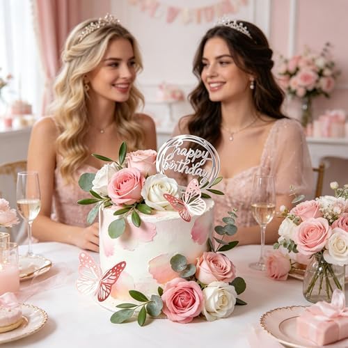 Flower Cake Toppers, Happy Birthday Rose Gold Cake Decorations with Artificial Flowers Butterfly Balls for Wedding Baby Shower Birthday Party Supplies (Pink) - Image 3