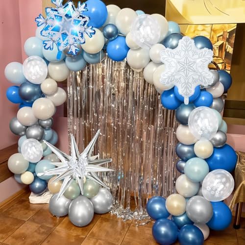 Winter Wonderland Snowflake Balloon Garland Arch Kit, 108PCS Blue and White Silver Christmas Balloons with Snowflake Foil Balloons for Snow Princess Holiday Xmas New Year Birthday Party Decorations - Image 5