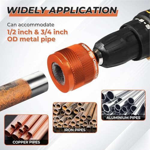 Copper Pipe Cleaner 1/2in 3/4in with 1/4in Hex Shank and 6 Brushes, Plumbing Tool for Rust Paint Removal - Image 2