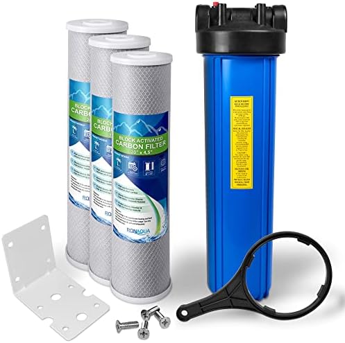 High Capacity 20 x 4.5” Blue Whole House Water Filter Purifier System with Presser Relief Button, 1” Inlet/Outlet Brass Port & Yearly Supply (3) Coconut Shell Activated Block Carbon Cartridges by Ronaqua