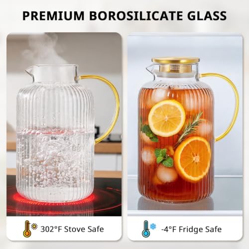 Bivvclaz 3 Liter 101 oz Stripes Gold Glass Pitcher with Lid and Handle - Image 6
