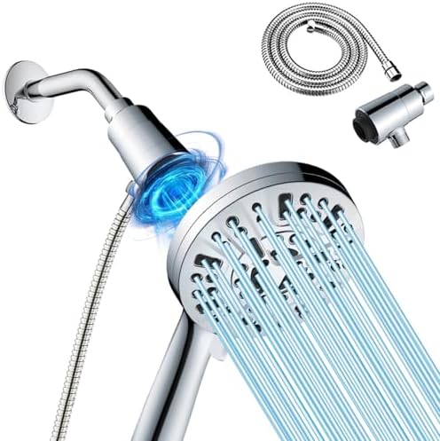 High Pressure Shower Head with Magnetic Back Fixed Base Design,Handheld Showerhead with Hose Set Stainless Steel 59 inches/5 ft 10-Setting 5 inches Large Face,Chrome Finish (Silver) by Ryhiac