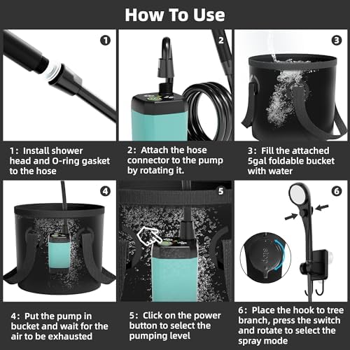 Moriko Portable Camping Shower, 6000mAh Rechargeable Shower Pump, Filtered Shower Head & 5 Gallons Foldable Bucket, Outdoor Shower for Hiking Beach, Travel, Pet Bath, Car Washing, Surf & Boat Cleaning - Image 4