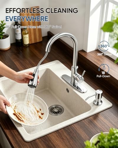 Kitchen Faucet with Pull Down Sprayer and Soap Dispenser, Chrome 304 Stainless Steel Single Handle with 3 Spray Modes, 18-Inch Hose, 10-Inch Deck Plate - Image 3