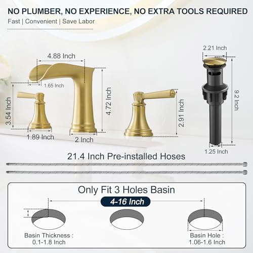 8 Inch Brushed Gold Bathroom Faucet 3 Hole, Brass Waterfall Bathroom Faucets Widespread 2 Handle with Pop up Drain & Pre-Installed cUPC Supply Lines for Vanity, 10 Mins Quick Installation - Image 3