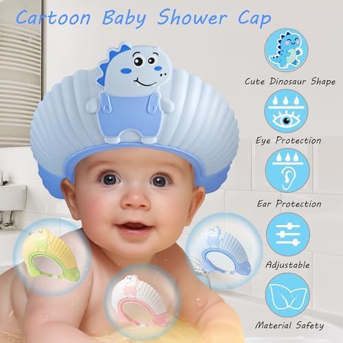 Baby Shower Cap Shield, Shower Cap for Kids, Visor Hat for Eye and Ear Protection for 0-9 Years Old Children, Cute Little Dinosaur Shape Makes The Baby Bath More Fun (Blue) - Image 2