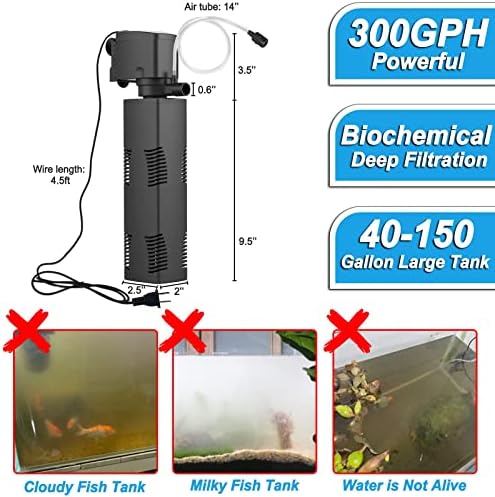 Aquarium Filter for 55-150 Gal. Tank Crystal 300GPH Biochemical Filtration Powerful Pump Submersible Internal Fish Tank Filters Large Tank Pond Clear Wavemaker Air Supply 4 in 1 - Image 4