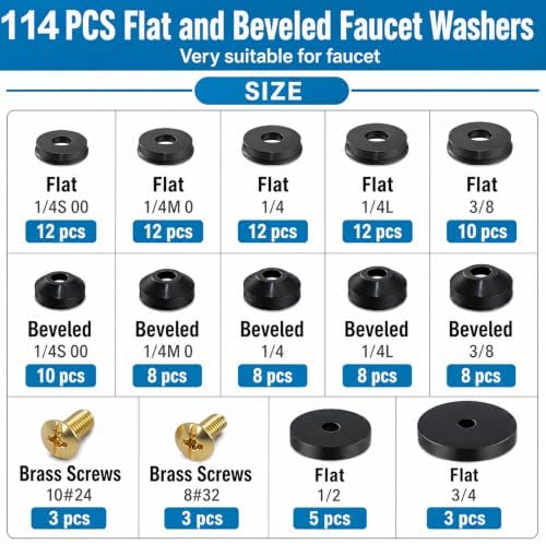 114 pcs Flat and Beveled Faucet Washers and Brass Bibb Screws Assortment - Image 2