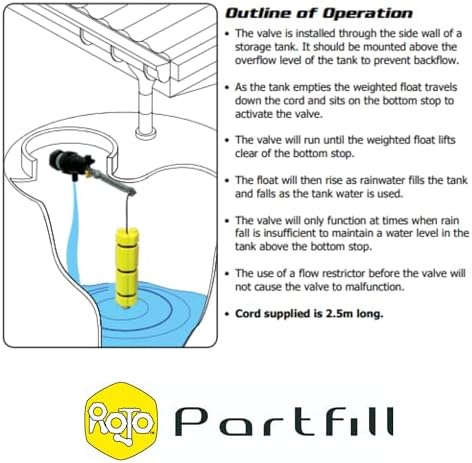 Jobe Valves Rojo Part Fill Valve 1/2" for Rainwater Harvesting Tanks, Low Flow Float Valve with Non Return Valve, Lock-Off Switch, Long Tail Thread & Back Nut, 150 PSI, Yellow/Black - Image 4