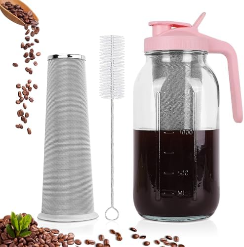 Cold Brew Coffee Maker, 64 oz Mason Jar Pitcher with Stainless Steel Filter, Pour Spout Handle Lid, Heavy Duty Glass Airtight & Leak-Proof for Iced Coffee,Tea & Lemonade by QHH