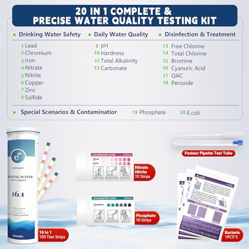 20 in 1 Water Tester for Drinking Water, Well Water Testing Kit, Suitable for Household Tap Water, Natural Water Quality Testing, Can Detect Water Hardness, Chlorine, Lead, Ph, Etc. (123 Test Strips) - Image 2