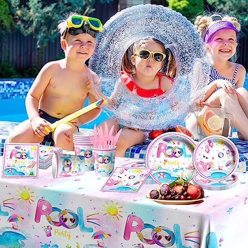 Pool Party Supplies,141pcs Pink Pool Birthday Tableware Decorations Pool Party Plates Cups Summer Theme Napkins Beach Ball Tablecloth for Hawaii Party Decoration - Image 4
