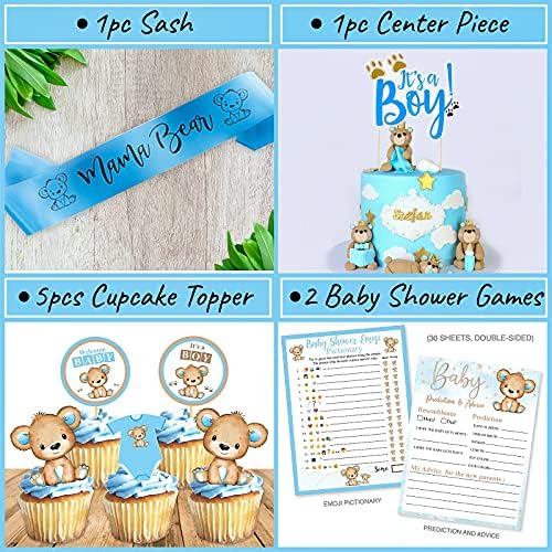 Teddy Bear Baby Shower Decorations for Boy - 210 Pc We Can Bearly Wait Party Kit with Blue Brown Balloons, It's a Boy Banner, Bear Garland, Guest Book, Mama to Be Sash, Fans, Lanterns & Games - Image 6