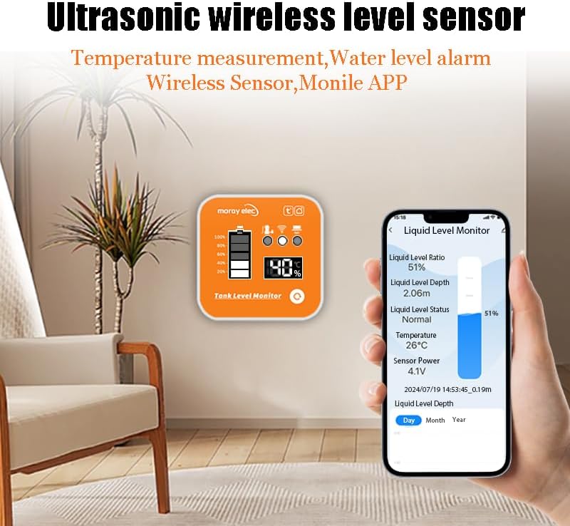 Moray Smart WiFi Water Level Sensor, LCD Water Tank Cistern Level Monitor, Ultrasonic Liquid Level Sensor, Water Detectors Alarms, Tuya Smart Devices, IP66 Waterproof Water Tank Level Monitor (ME201R) - Image 4