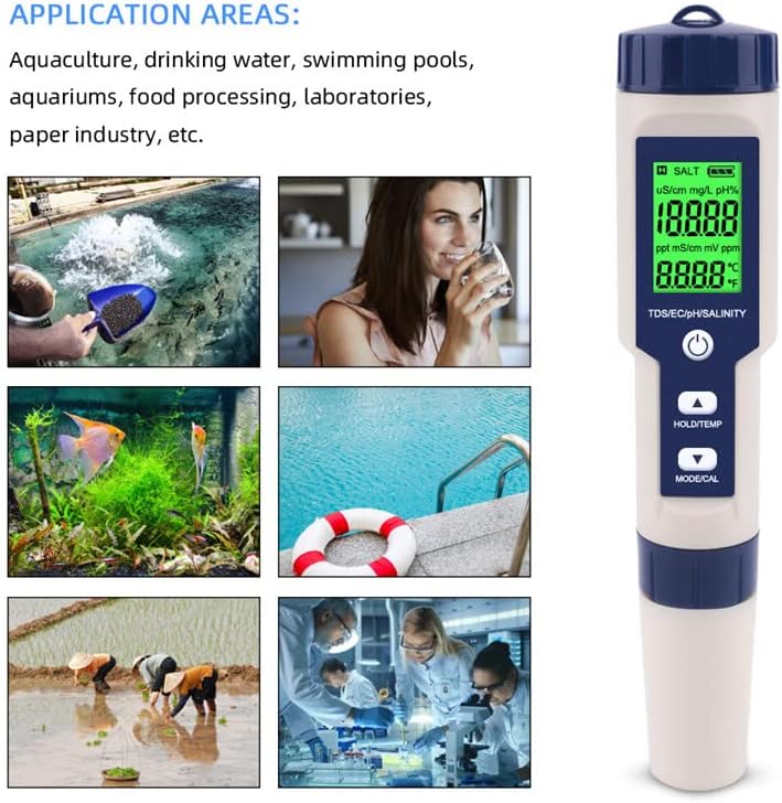 Pool Salt Tester & PH Meter, Hofun Digital Salinity Meter and PH Tester for Aquarium and Pool Saltwater Water, 5 in 1 Salinity PH Temp EC and TDS Meter, Aquarium Swimming Pool Hot Tub, Multiparameter - Image 7