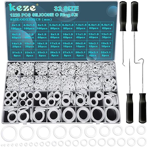KEZE 1228 Pcs 32 Size Clear Food Grade Silicone O Rings Assortment Kit with Pick and Hook,White Heat Resistance VMQ Seal O Ring Set Metric OD:4-32mm by KEZE