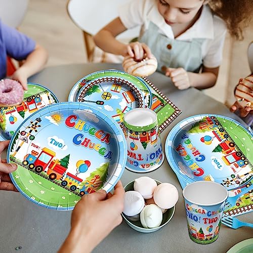 Chuagaa Chugga Two Two 142PCS Birthday Decoration Train Paper Plates Tableware Set - Transportation Table Cloth Banner Cups for 2nd Birthday Train Party Supplies - Image 3