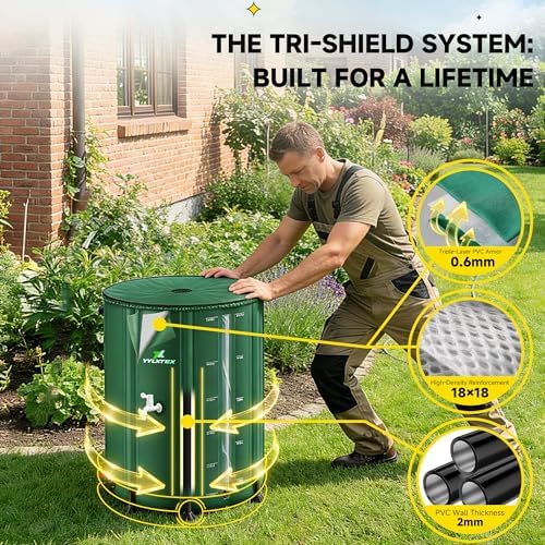 53 Gallon/200L Collapsible RainWater Collection Barrel,Water Tank&Reinforced with 2mm Frame Portable Rain Catcher,Includes Quick-Connect Tap&Sprinkler,Heavy Duty 0.6mm PVC for Long-Lasting Use,Green - Image 2