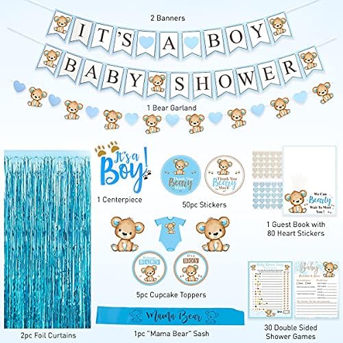Teddy Bear Baby Shower Decorations for Boy - 210 Pc We Can Bearly Wait Party Kit with Blue Brown Balloons, It's a Boy Banner, Bear Garland, Guest Book, Mama to Be Sash, Fans, Lanterns & Games - Image 3