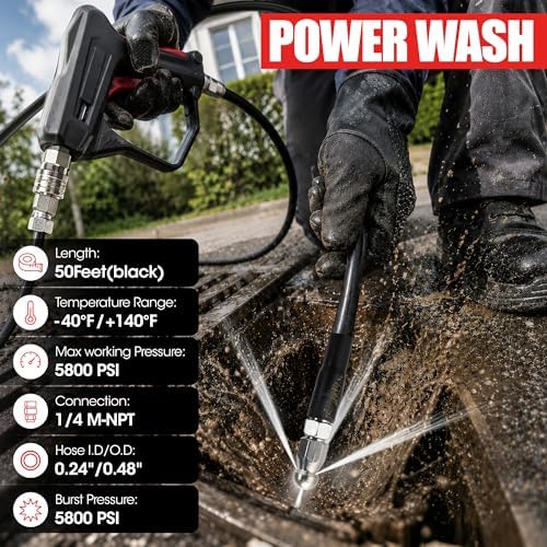 Sewer Jetter Kit for Pressure Washer 50 FT, Drain Cleaning Hose with Short Gun, 1/4" NPT, Rotating, Button Nose & Corner Nozzles, High Pressure Pipe Cleaner for Sewer and Drain Cleaning - Image 2