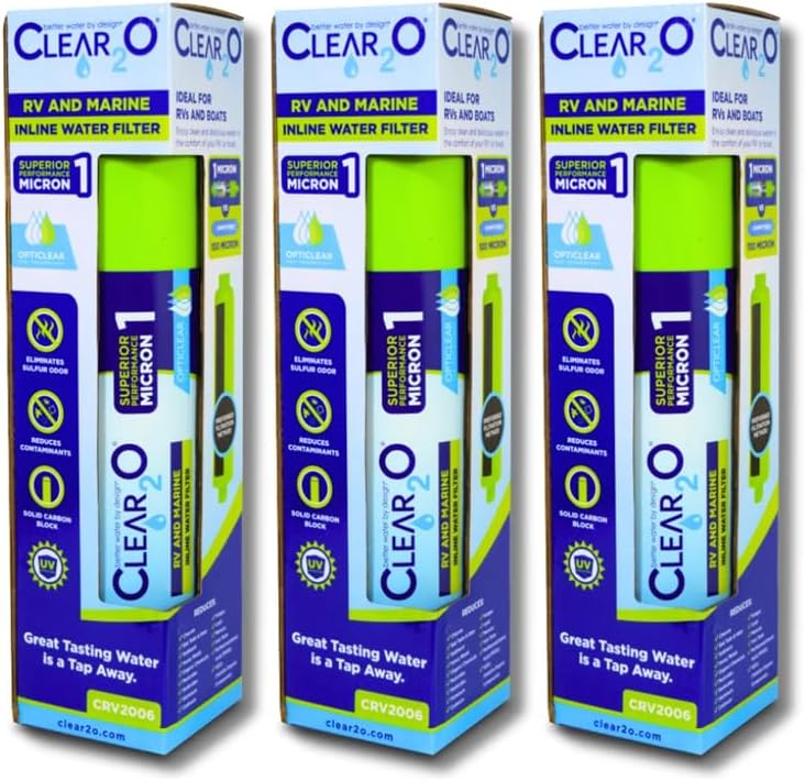 CLEAR2O RV & Marine Inline Water Filter (CRV2006-3) – 1 Micron Solid Carbon Block – Premium Drinking Water Filtration for RVs, Boats, Campers – Reduces Chlorine, Lead, Taste & Odor by Clear2o