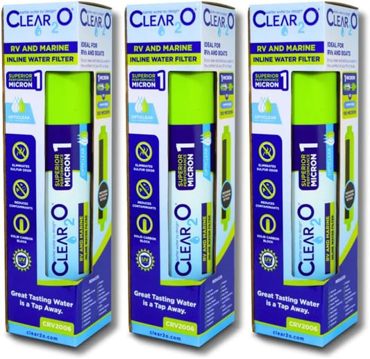CLEAR2O RV & Marine Inline Water Filter (CRV2006-3) – 1 Micron Solid Carbon Block – Premium Drinking Water Filtration for RVs, Boats, Campers – Reduces Chlorine, Lead, Taste & Odor by Clear2o