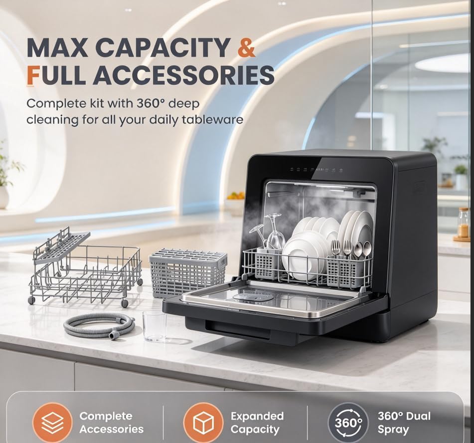 Countertop Dishwasher with 5L Tank, Water Softener & 8 Programs, Black - Image 4