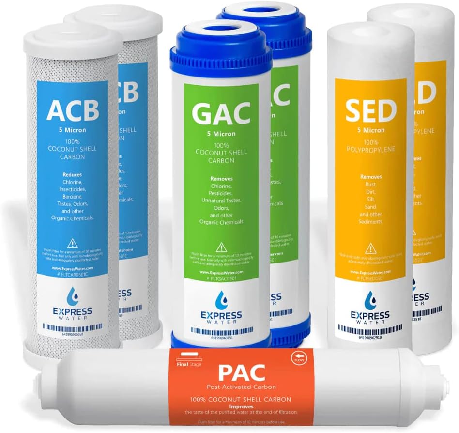 Express Water – 1 Year Direct Under Sink System Replacement Filter Set – 7 Filters with Carbon GAC, ACB, PAC, Sediment SED Filters – 10 inch Size Water Filters by ExpressWater