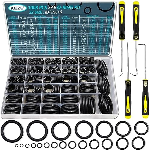 KEZE 1008 Pcs SAE O Ring Kit,32 Sizes USA Standard Nitrile 70A Rubber Seals Inch O Rings Set with 4 Pieces O Rings Remover Tools for Faucet Automotive Hydraulic Plumbing AS568:006-226 by KEZE