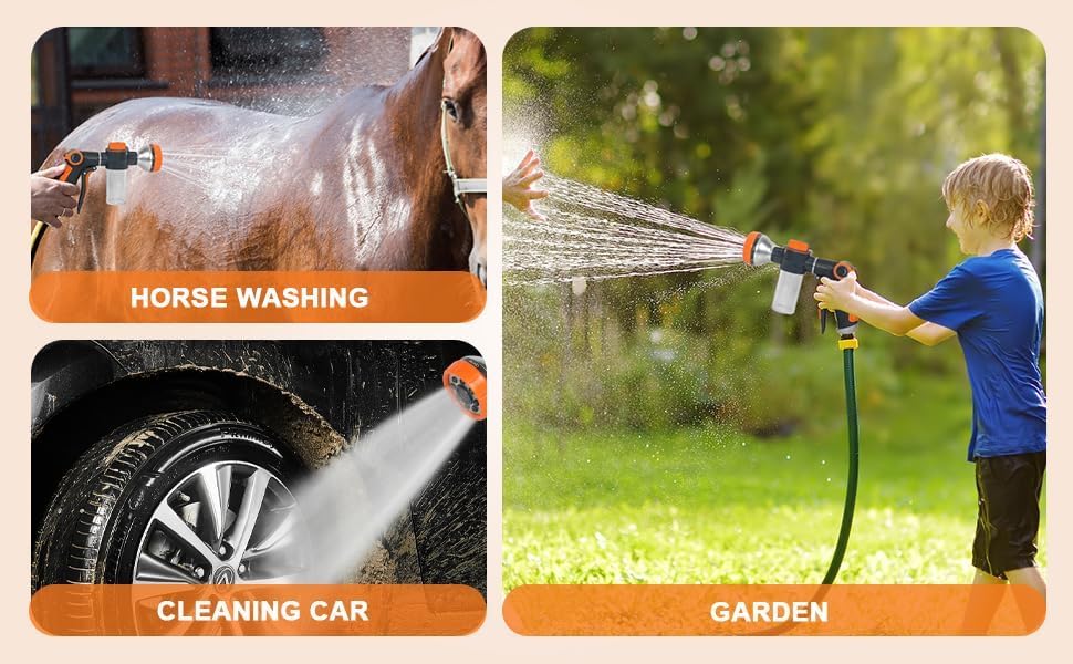 OJKGVGarden Hose Nozzle,8 Patterns Hose Sprayer High Pressure,Heavy Duty Dog Wash,Metal Water Hose Nozzle with Soap Dispenser,Car Wash Foam Gun With Pets Things (Orange gray) - Image 7