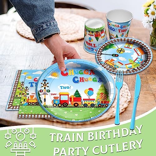 Chuagaa Chugga Two Two 142PCS Birthday Decoration Train Paper Plates Tableware Set - Transportation Table Cloth Banner Cups for 2nd Birthday Train Party Supplies - Image 5