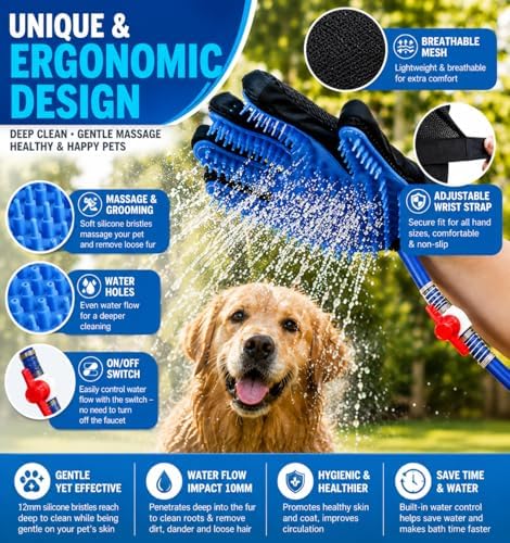 Dog Bath Glove & Sprayer – 3-in-1 Pet Bathing Tool for Washing, Scrubbing & Deshedding – Connects to Garden Hose – Adjustable Water Pressure – Easy Rinse Dog Shower – Gift for Dog Owners - Image 6