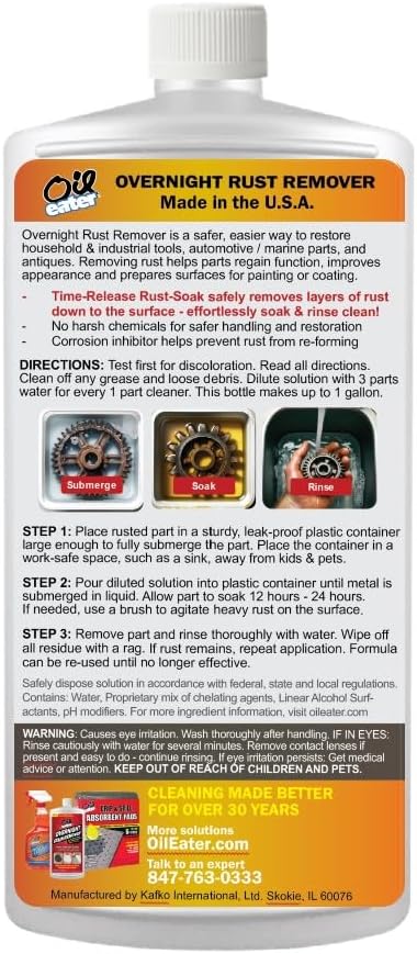 Oil Eater Overnight Rust Remover - Safe & Easy Soak for Tools, Auto Parts, Antiques, 32oz Concentrate - Makes 1-Gallon - Image 2