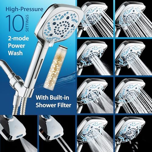 AquaCare High Pressure 10 Spray Mode Filtered Showerhead - Handheld Shower Head Filters Chlorine to Heal Dry Skin, Revive Hair - Dual Power Wash Cleans Tub, Tile, Pets - Hard Water Softener, Chrome - Image 4