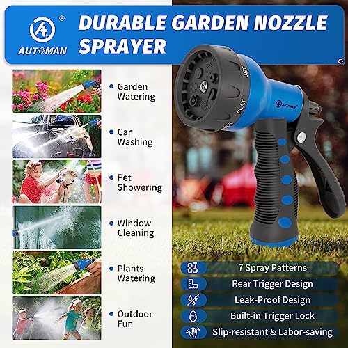 AUTOMAN-Garden-Hose-Nozzle,ABS Water Spray Nozzle with Heavy Duty 7 Adjustable Watering Patterns,Slip Resistant for Watering Plants,Lawn& Garden,Washing Cars,Cleaning,Showering Pets - Blue - Image 6