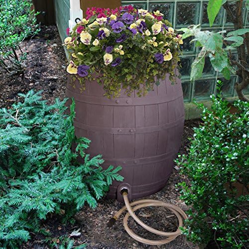 Rescue 50-Gallon Whiskey Rain Barrel – Includes Planter, Rain Water Diverter, Outlet Hose – Flatback Design – Brown - Image 2