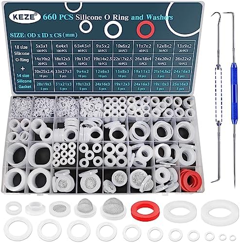 KEZE 660 PCS 18 Size Clear Silicone O Rings Assortment Kit and 14 Size Silicone Washer Set,Silicone O Ring for Seal Plumbing Faucet Hose by KEZE
